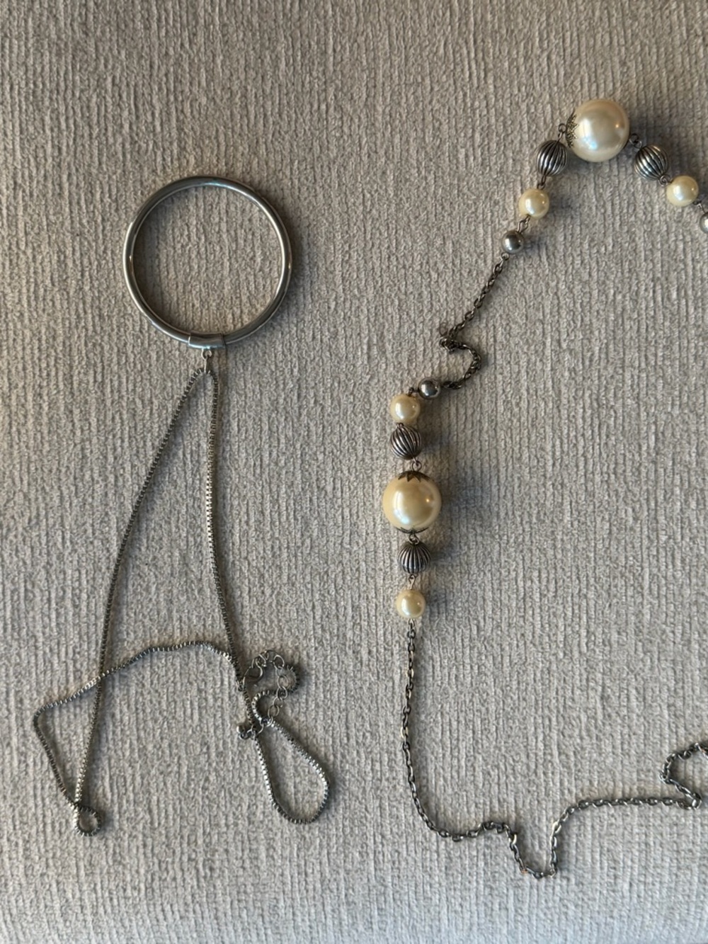 Silver Pearl Station Long Necklace - Ivory Pearls